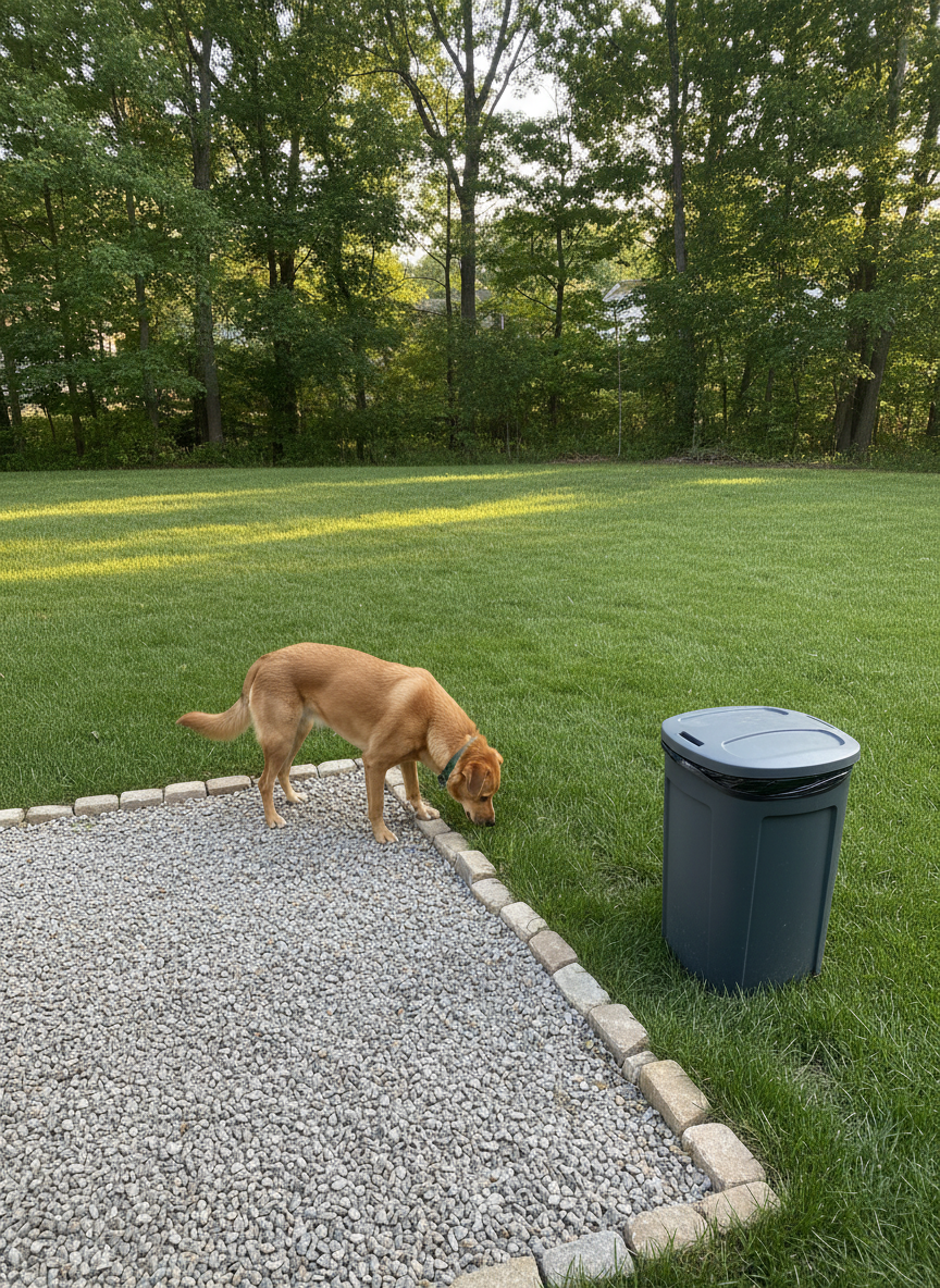 A detailed, side-view scene of a clean, well-organized backyard corner dedicated to dog use, featuring a small gravel potty zone bordered by low stone edging, next to a large area of healthy, waste-free grass. A medium-sized dog sniffs calmly near the gravel area, while the lawn remains untouched and pristine. A simple, lidded outdoor waste container stands nearby, subtly indicating hygienic disposal. Late-afternoon natural light filters through nearby trees, producing dappled highlights across the gravel and lawn. Shot from a slightly elevated angle with clear focus on the designated potty zone, the photographic style is modern and practical. The mood is efficient and responsible, ideal for showcasing thoughtful yard layouts that make pet cleanup easier.