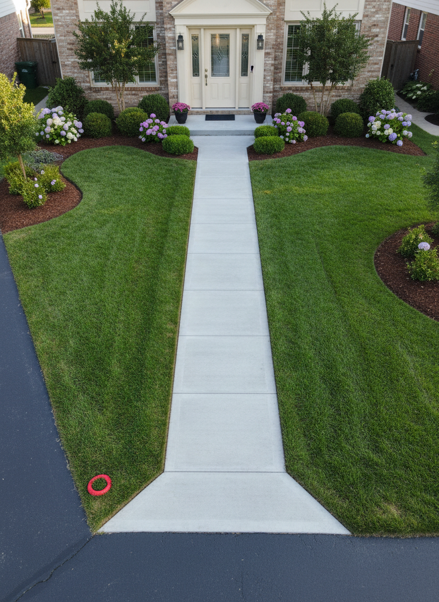 A carefully composed overhead view of a modest suburban front yard in Wheaton-style neighborhood, showing a clear walkway leading from driveway to front door, flanked by meticulously cleaned grass and small mulched flower beds. A dog toy rests near the edge of the lawn, but the turf itself is completely free of pet waste or brown spots. Soft, bright mid-morning sunlight illuminates the entire scene evenly, minimizing harsh shadows and revealing clean, crisp textures in the grass and concrete. Photographic realism with strong geometric lines from the walkway and driveway, creating a modern, orderly feeling. The mood is calm, tidy, and professional, conveying the discreet, dependable nature of regular pet waste cleanup for busy dog owners.