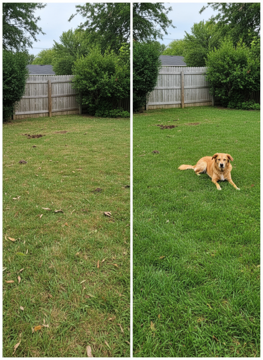 A wide, split-frame photographic image of the same suburban backyard, left side showing a slightly unkempt lawn with scattered, small dog waste patches, right side showing the identical yard perfectly cleaned, grass even and vibrant, with no debris in sight. A medium-sized dog relaxes only on the cleaned side, lying calmly on the grass near a simple wooden fence and a few leafy shrubs. Overcast daylight provides diffused, shadow-free lighting for clear detail. Shot from a slightly elevated angle with balanced composition, emphasizing the dramatic before-and-after transformation. The atmosphere is practical and satisfying, ideal for illustrating the effectiveness of a professional pet cleanup service.