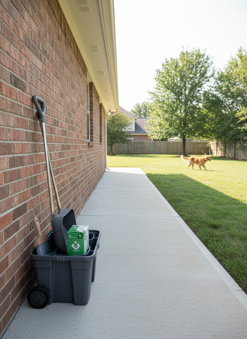 A tidy side yard access area showing a clean concrete path running alongside a brick suburban home, leading to a pristine backyard where a dog can be seen in the distance. Along the path, a neatly stored, wheeled cleanup caddy holds a metal scooper, biodegradable waste bags, and a small broom, all spotless and organized. Bright but diffused midday light creates clear, honest visibility without harsh contrast. Photographic realism, shot from a natural walking-height perspective with the path guiding the eye toward the open, green yard beyond. The composition feels orderly and efficient, communicating behind-the-scenes professionalism in pet waste removal and yard care services.