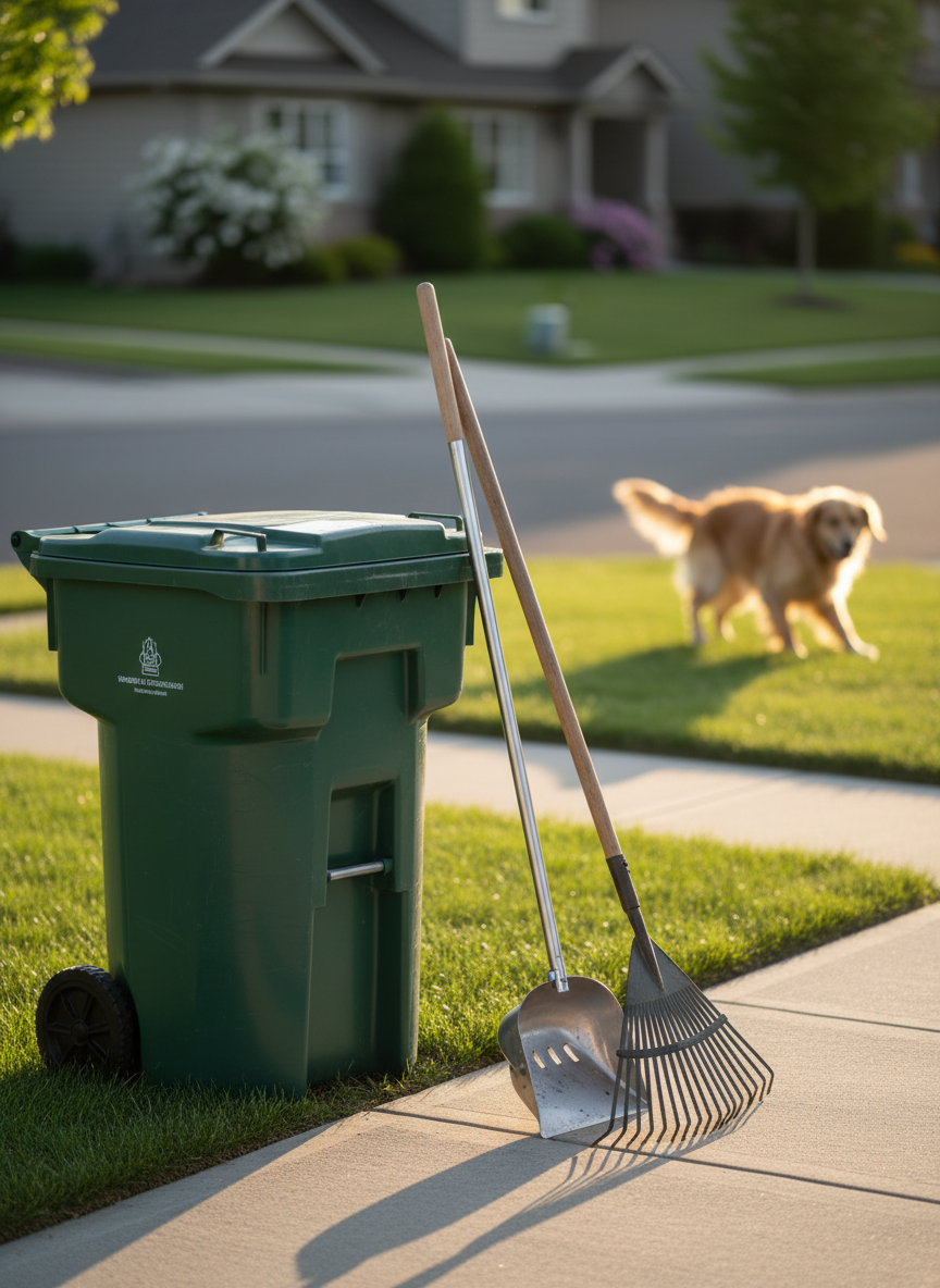 A close-up, ground-level view of a sturdy, dark green yard waste bin with a secure lid, placed neatly along the edge of a well-maintained suburban lawn. In the midground, a long-handled metal pooper scooper and a heavy-duty rake rest upright near a clean concrete walkway, with a blurred dog playing farther back on the grass. Warm, late-afternoon sunlight casts elongated, soft shadows and creates subtle highlights on the metal tools. The photographic composition uses shallow depth of field, keeping the cleanup equipment in crisp focus while the playful dog and homes fade gently into bokeh. The mood is organized, professional, and trustworthy, reinforcing reliable pet waste removal logistics.