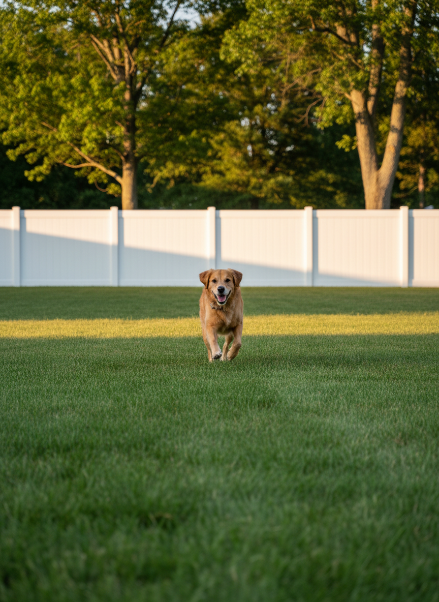A medium-sized, short-haired dog joyfully running across a spotless backyard, the grass deep green and uniformly cut, bordered by a clean white vinyl fence and a few mature trees with full summer foliage. No pet waste or clutter is visible anywhere. The camera captures the dog mid-stride from a low, slightly angled perspective, suggesting freedom and safety. Golden hour sunlight bathes the scene, creating a warm, inviting glow and soft highlights along the fence and the dog’s coat. Photographic realism with vivid yet natural colors, sharp focus on the dog and gradual background softness. The atmosphere is cheerful and worry-free, illustrating the peace of mind that comes from consistent pet cleanup and yard care.