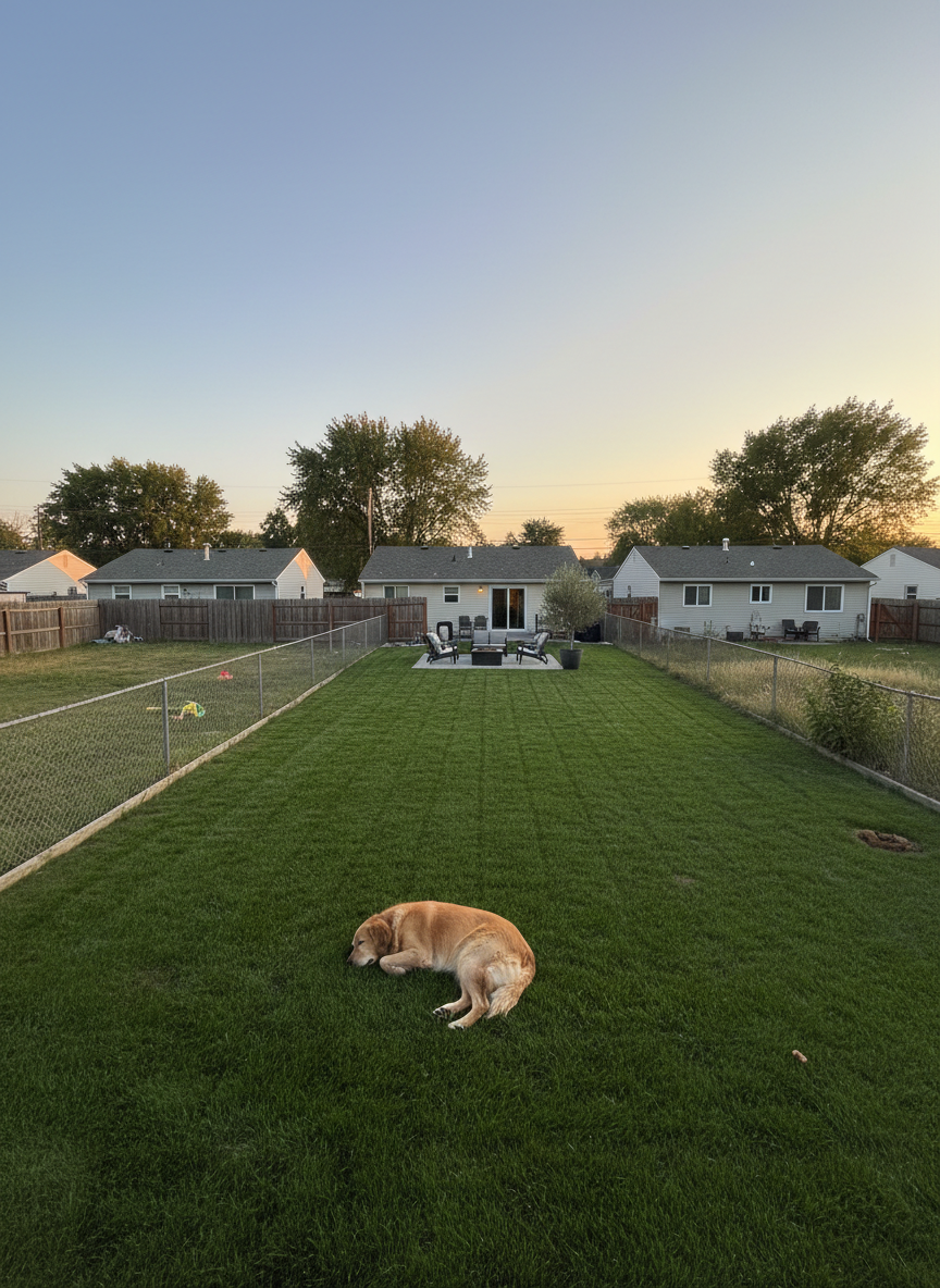 A long, panoramic view of several adjacent backyards in a quiet western suburbs block, each separated by simple wooden or chain-link fences. The central yard stands out as exceptionally clean and well-kept, with evenly trimmed grass, no visible pet waste, and a dog resting comfortably on the lawn. Neighboring yards appear slightly less maintained but not messy. Soft, early-evening light casts a gentle glow over the roofs and trees, with subtle gradients in the sky. Photographic realism with moderate depth of field keeps all yards legible while drawing visual focus toward the central, pristine space. The atmosphere is reassuring and aspirational, emphasizing how professional pet waste cleanup elevates a typical suburban property.