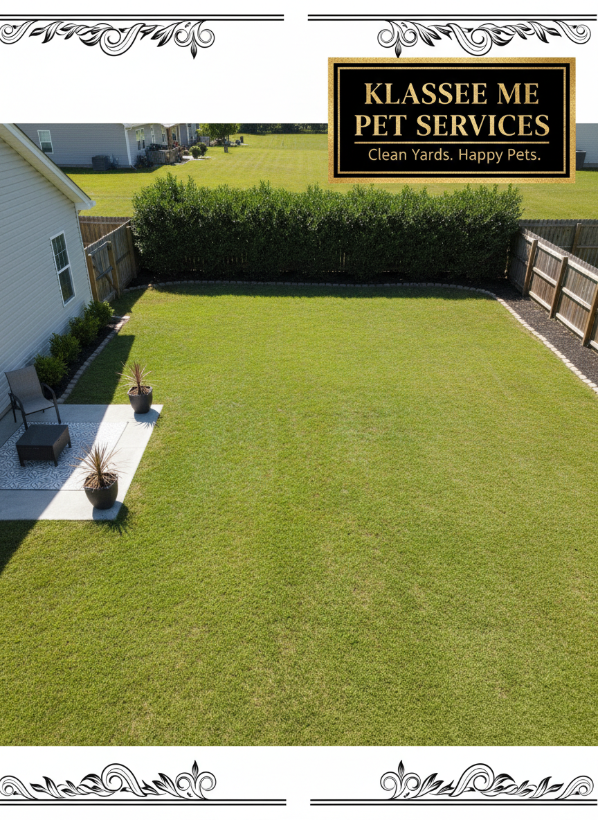 A clean, well-maintained suburban backyard with lush green grass — illustrating the professional results of Klassee Me Pet Services' yard cleanup.